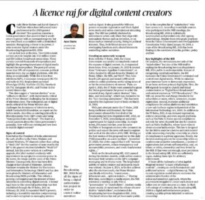 Snapshot of the article titled, "A license raj for digital content creators" published in The Hindu on July 31, 2024